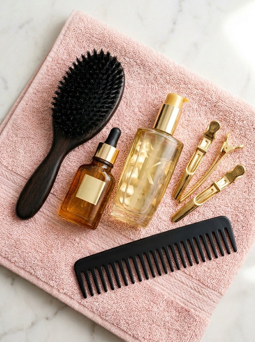 A black hairbrush, oil dropper, gold pump bottle, metal clips, and a wide-tooth comb sitting on a pink bath towel.