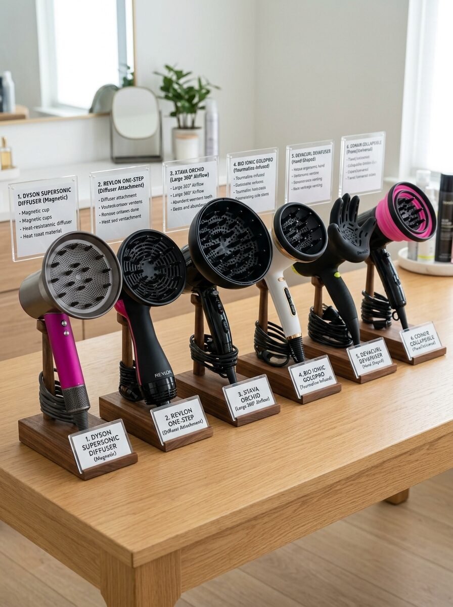 Six different hair dryer diffuser attachments arranged in a row with descriptive labels on a wooden table.