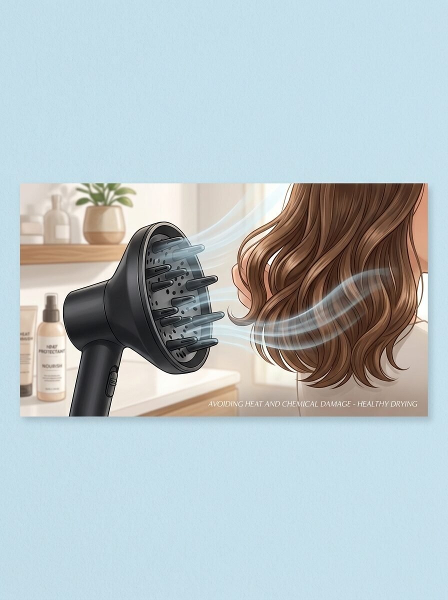 Digital illustration of a hair dryer with a diffuser attachment gently blowing air onto wavy brown hair in a bathroom.