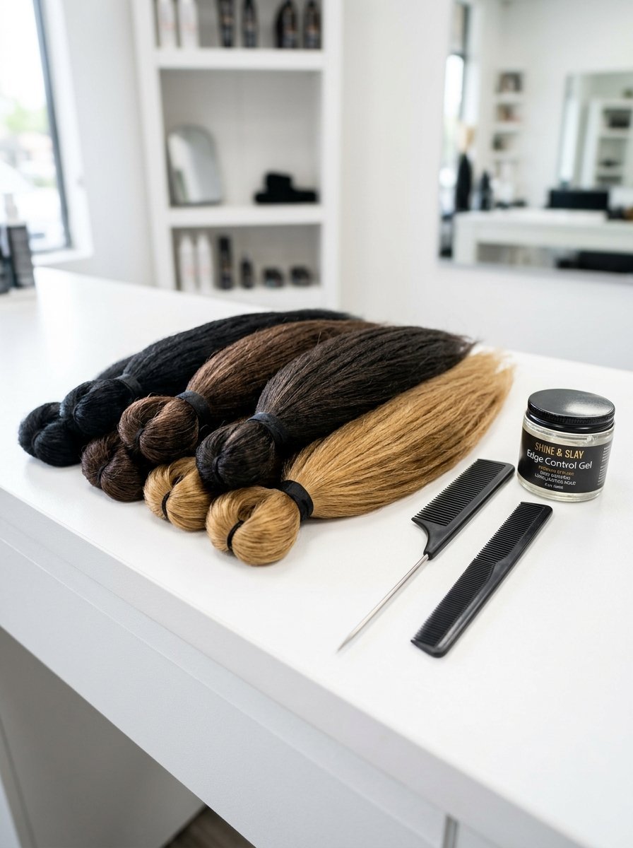 Bundles of brown, black, and blonde hair extensions next to styling combs and a jar of hair gel on a white counter.