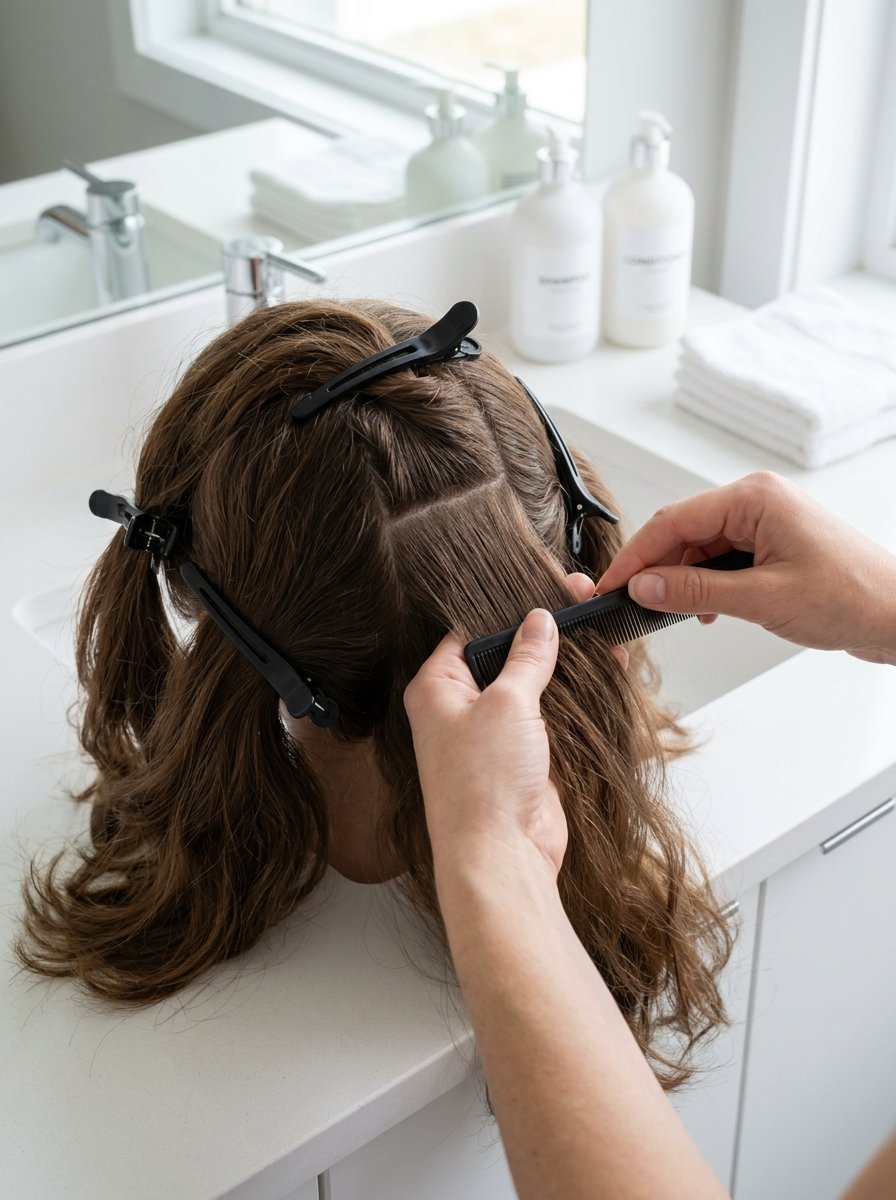 Professional hands using a comb to part brown mannequin hair held in place by black salon clips.