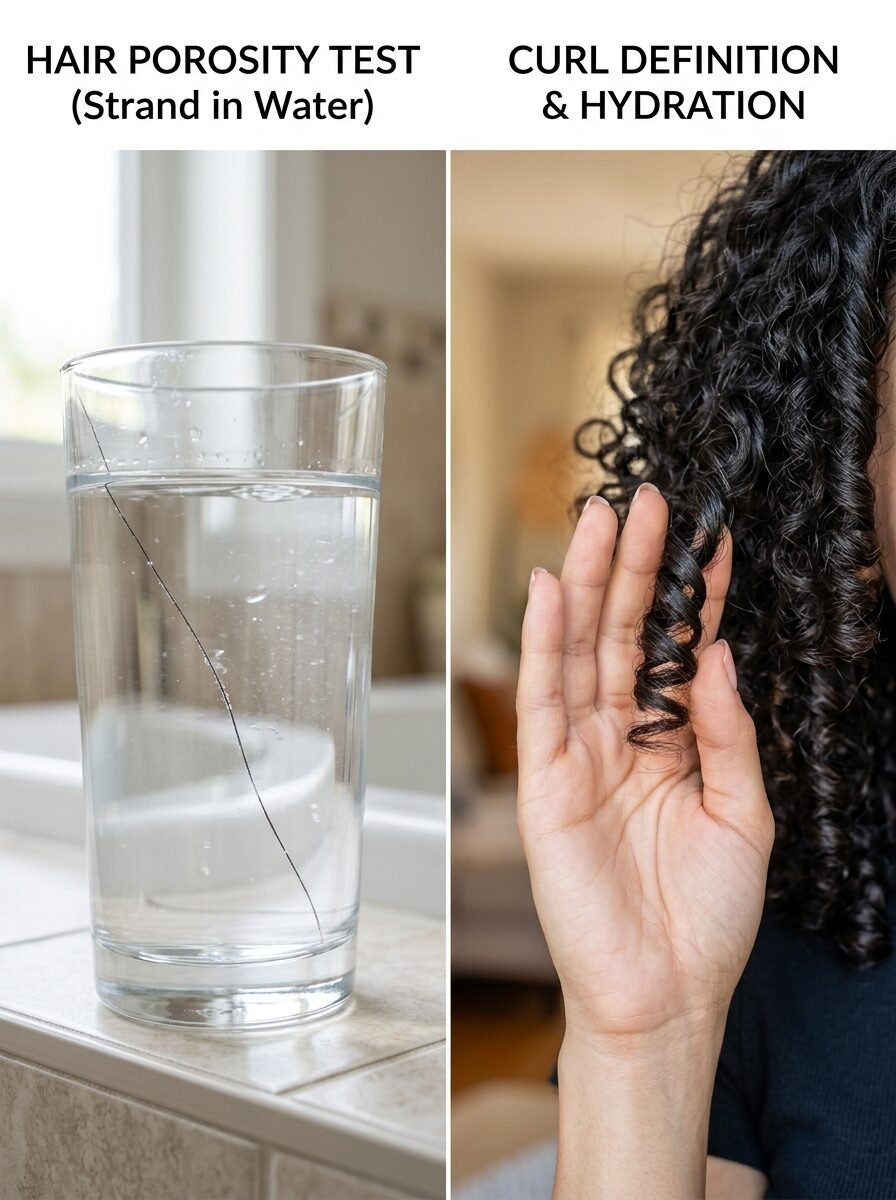 Split view showing a single hair strand in a water glass next to a woman holding a well-defined dark curly hair lock.