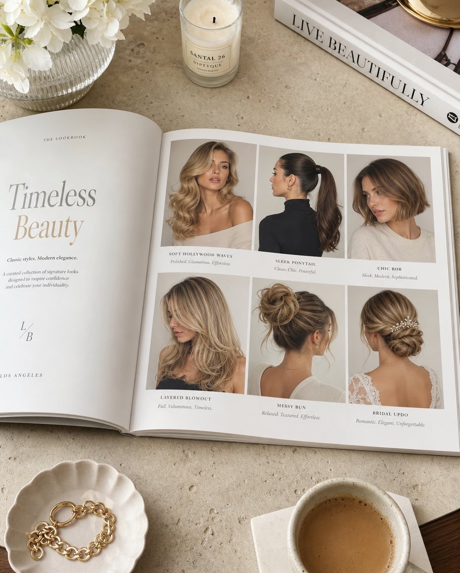 An open magazine page displaying various hairstyles including a sleek ponytail, bob, and romantic bridal updo.