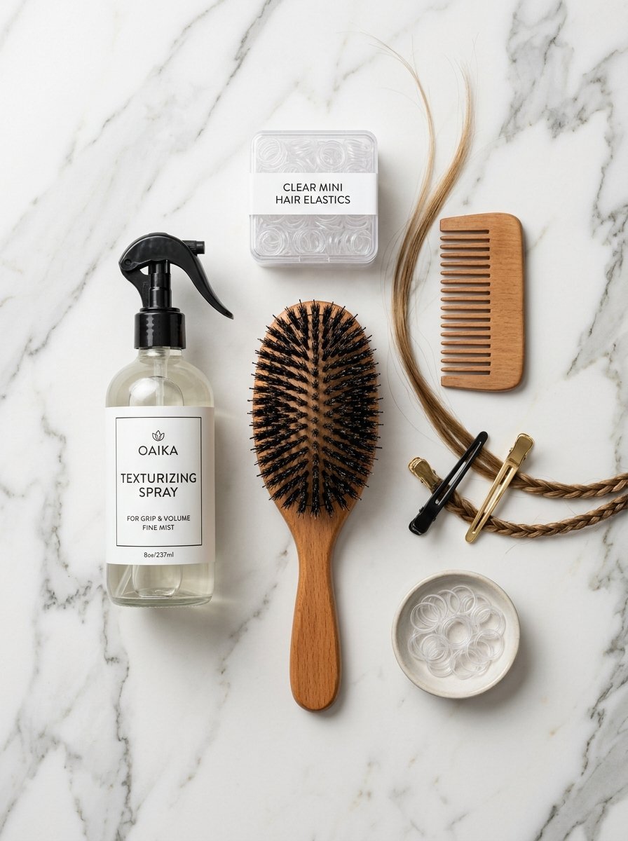 Top-down view of hair care tools including a spray bottle, wooden brush, comb, clips, and clear elastic bands.