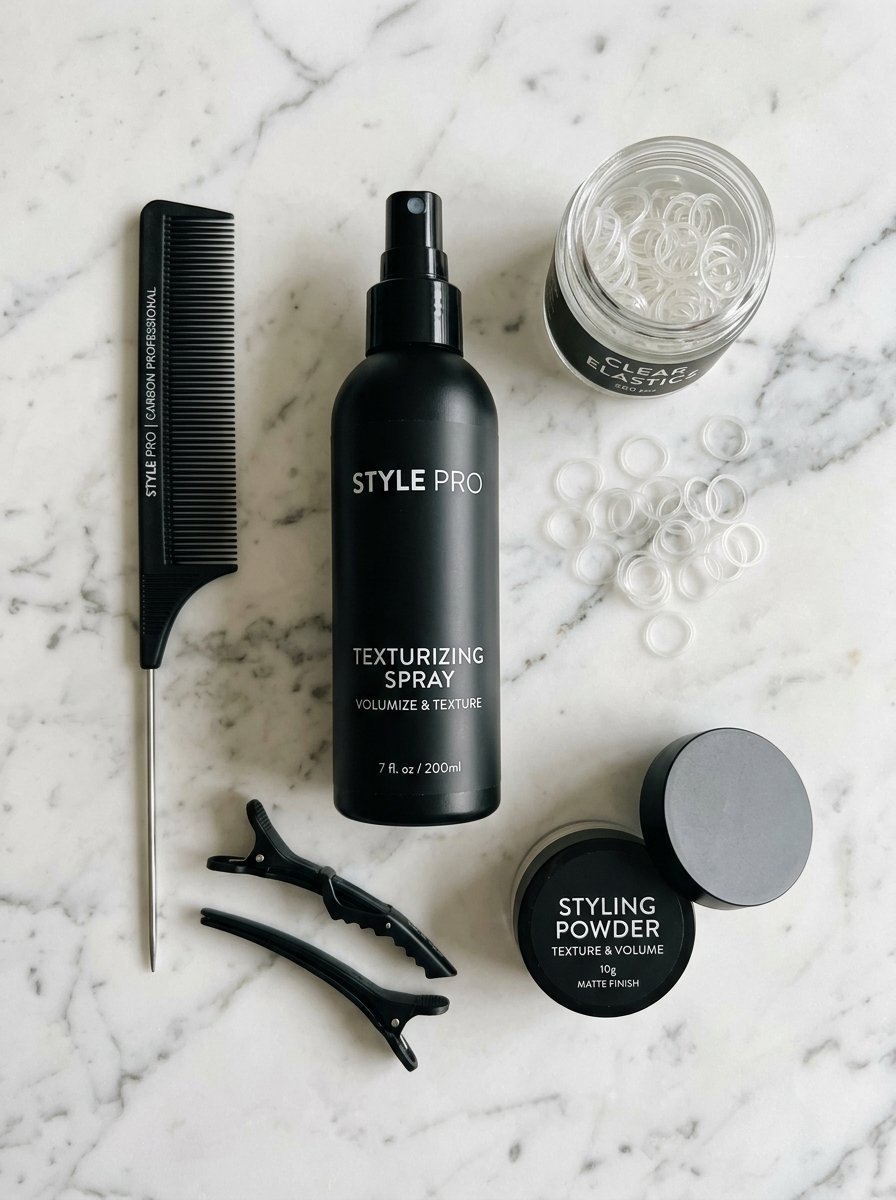 Collection of hair styling spray, powder, comb, clips, and clear elastics on white marble.