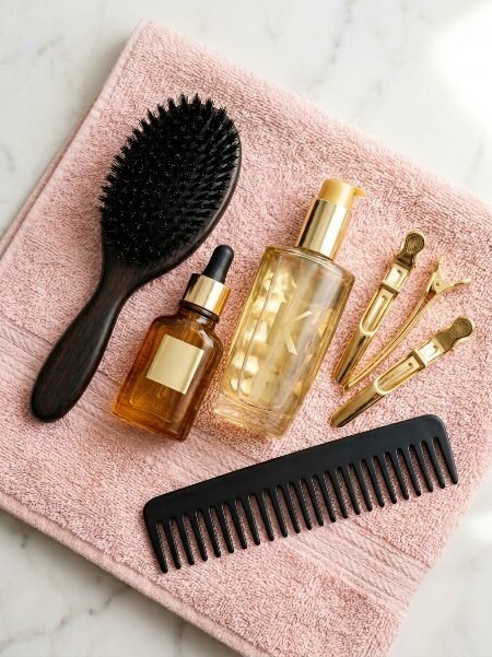 Professional hair brush, oil bottles, gold clips, and a wide-tooth comb laid out on a pink bath towel.