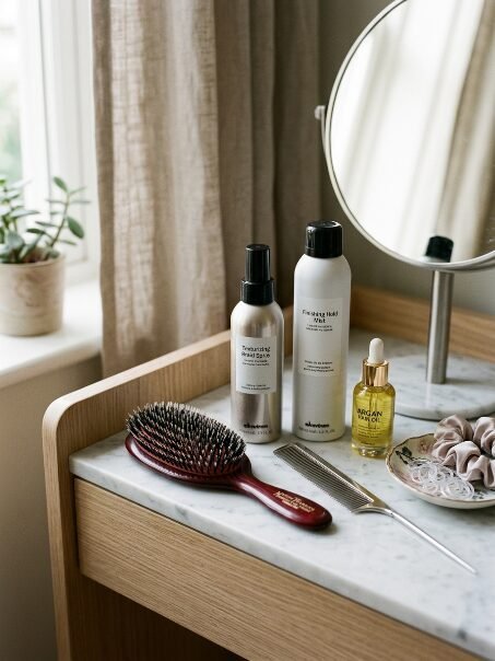 Collection of hair care sprays, argan oil, and combs resting on a marble-topped table near a mirror.