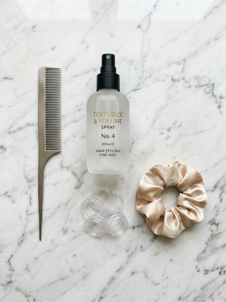 Top-down view of a volumizing hair spray bottle, a metal tail comb, plastic hair coils, and a beige silk scrunchie.