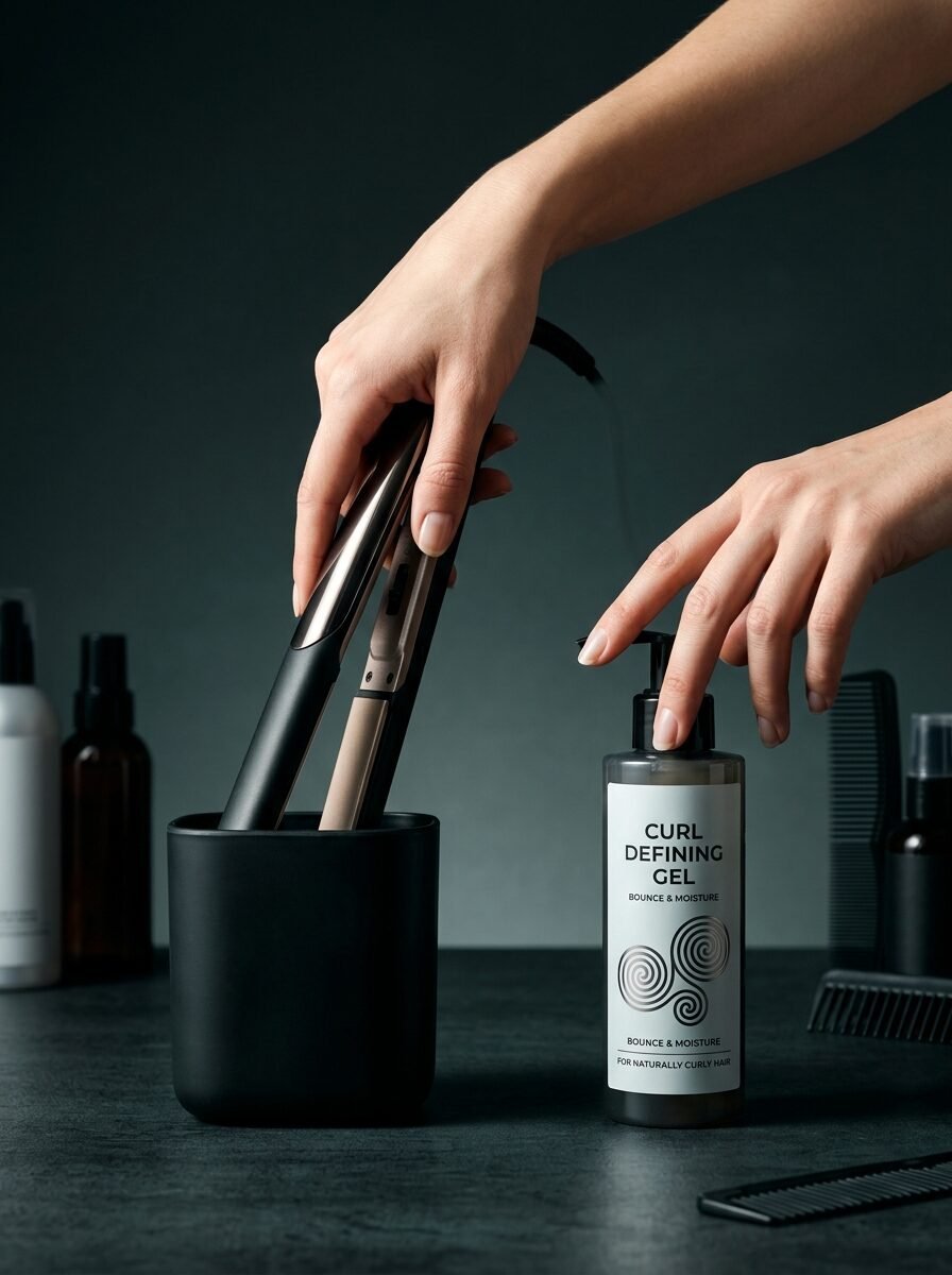 Close-up of hands placing a hair iron into a holder next to a pump bottle of curl defining hair styling product.