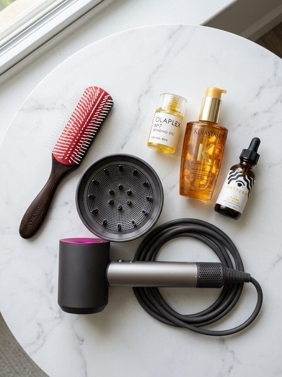 Dyson hair dryer with diffuser, Denman brush, and hair oils on a white marble table.