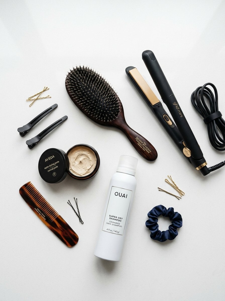 Collection of hair care items including a GHD straightener, brush, dry shampoo, styling paste, and hair accessories.