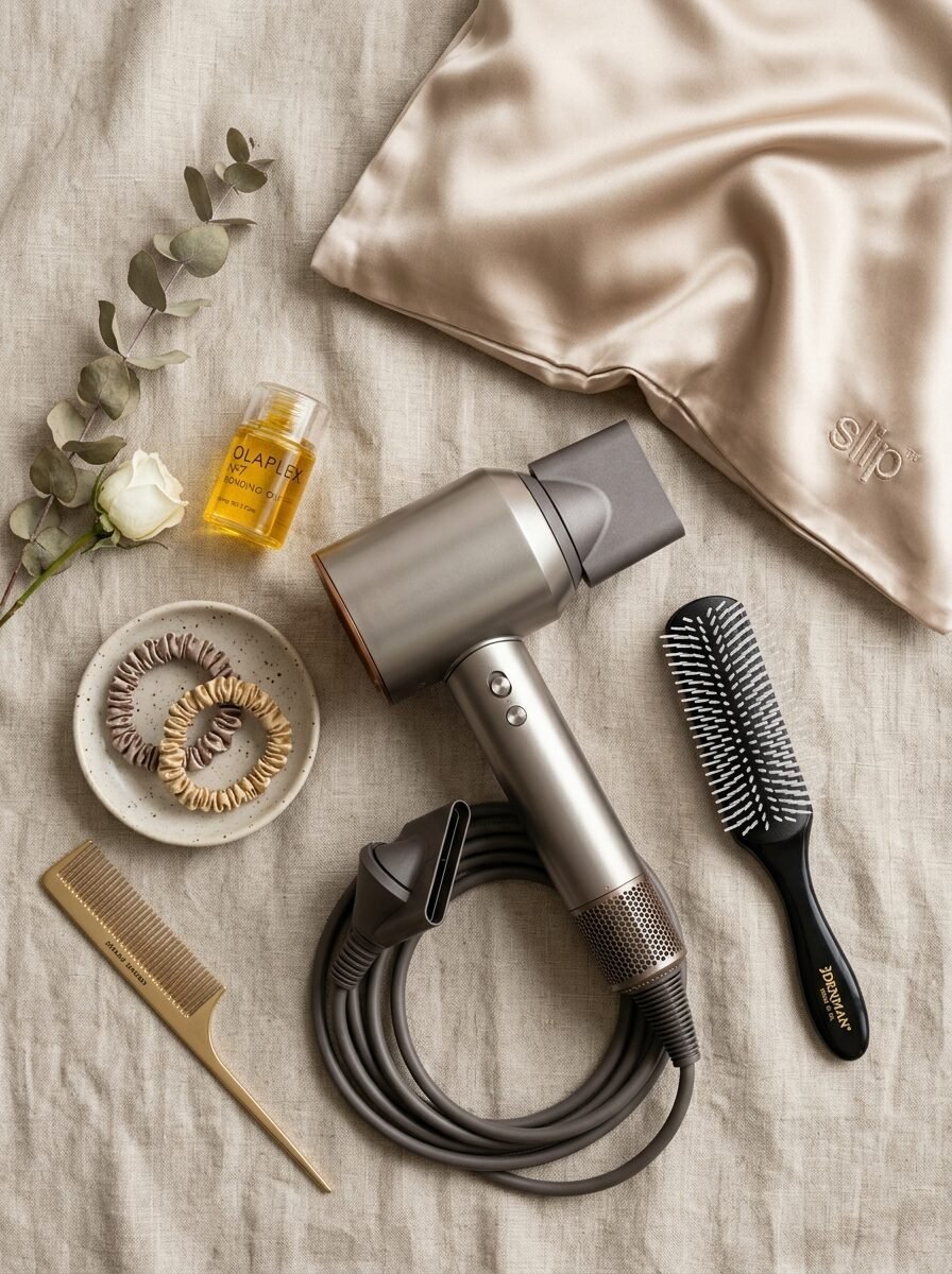 A flat lay of a hair dryer, Denman brush, silk pillowcase, hair oil, silk scrunchies, and a gold comb.