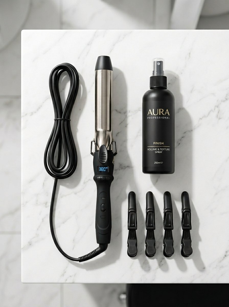 A flat-lay view of a professional curling iron, Aura volume spray, and four black hair clips on a white marble surface.