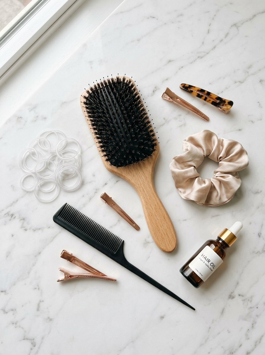 Flat lay of a wooden hairbrush, rat tail comb, hair oil, scrunchie, clips, and clear elastic hair bands.
