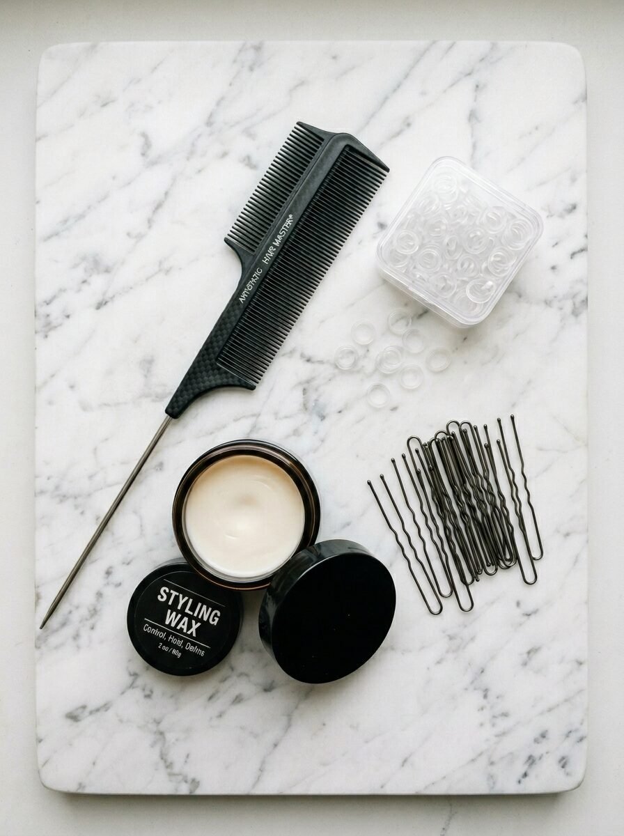 Top view of hair wax, black rat-tail comb, bobby pins, and clear elastic bands on a white marble board.