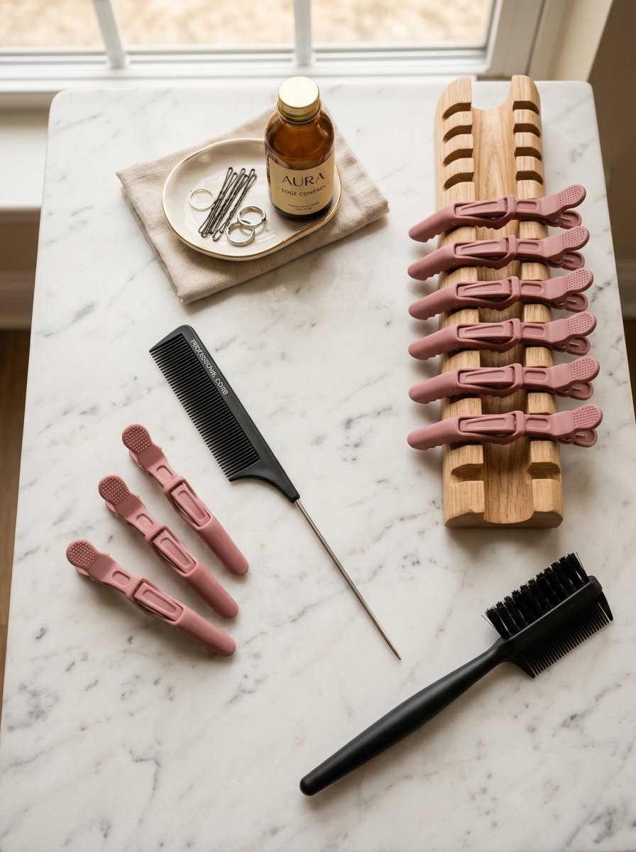 A wooden organizer with pink clips, a black rat-tail comb, an edge brush, and a bottle of serum on a marble counter.
