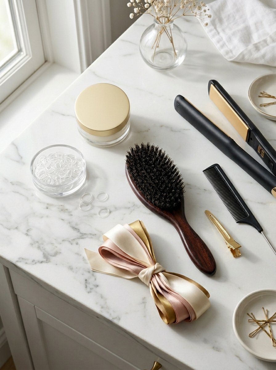 Boar bristle brush, flat iron, hair ribbons, and clips on a white marble countertop.