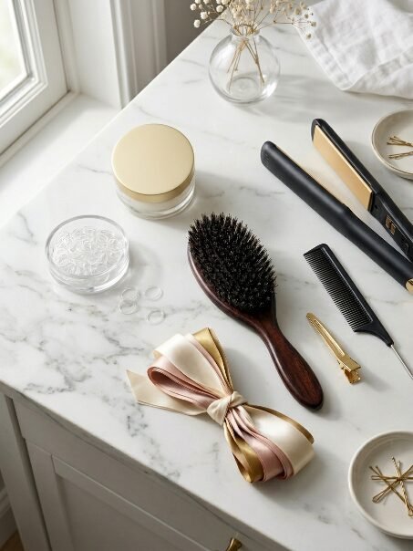 Top view of hair brush, straightener, silk ribbon, and bobby pins on a marble surface.