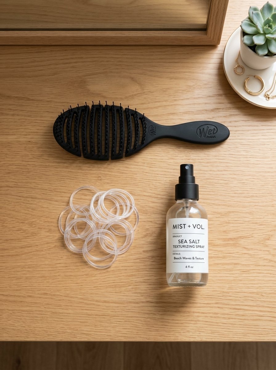 Top-down view of a black vented hairbrush, clear coil hair ties, and a bottle of sea salt texturizing spray on wood.