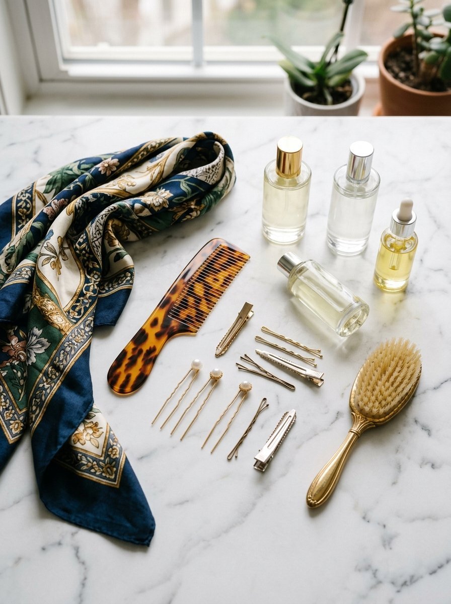 Top-down view of a tortoise shell comb, hair pins, brushes, and perfume bottles set on a white marble vanity surface.