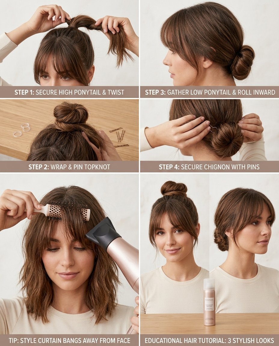 A six-panel infographic demonstrating how to style a topknot, a low chignon, and blow-dry curtain bangs.