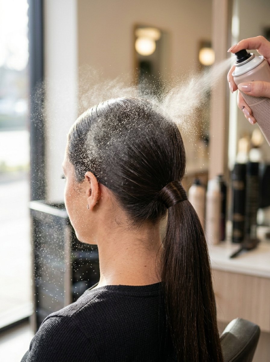 A professional hair stylist sprays a fine mist of product onto a model's low, smooth ponytail in a salon.
