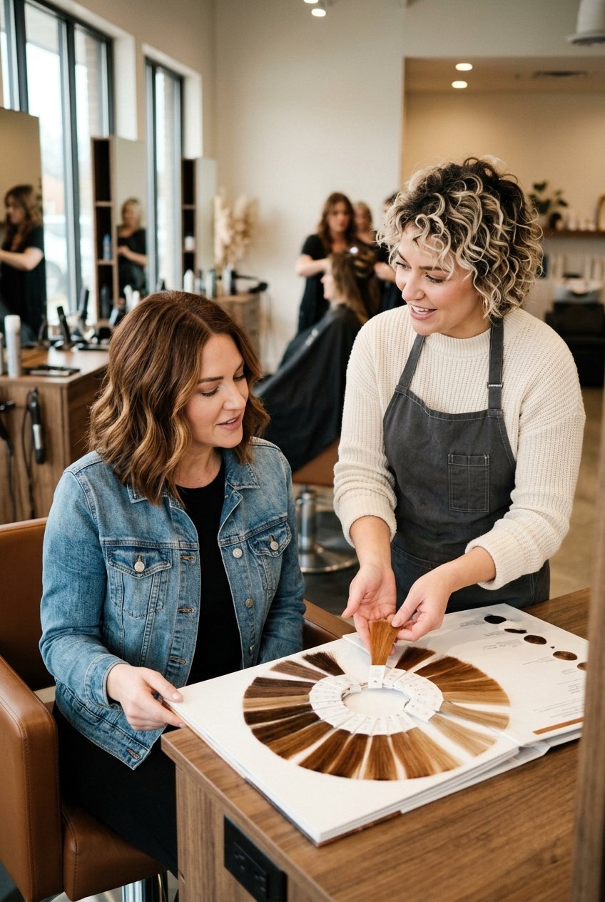 Stylist with blonde curly hair showing hair color options to a client wearing a denim jacket in a salon.