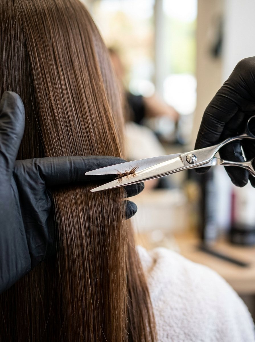 Close-up of a stylist in black gloves using scissors to trim split ends on long brown hair.
