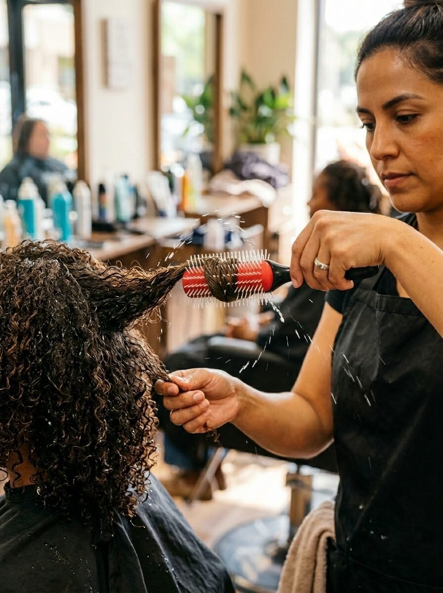 Close up of a stylist brushing a client's wet, curly hair with a red barrel brush.