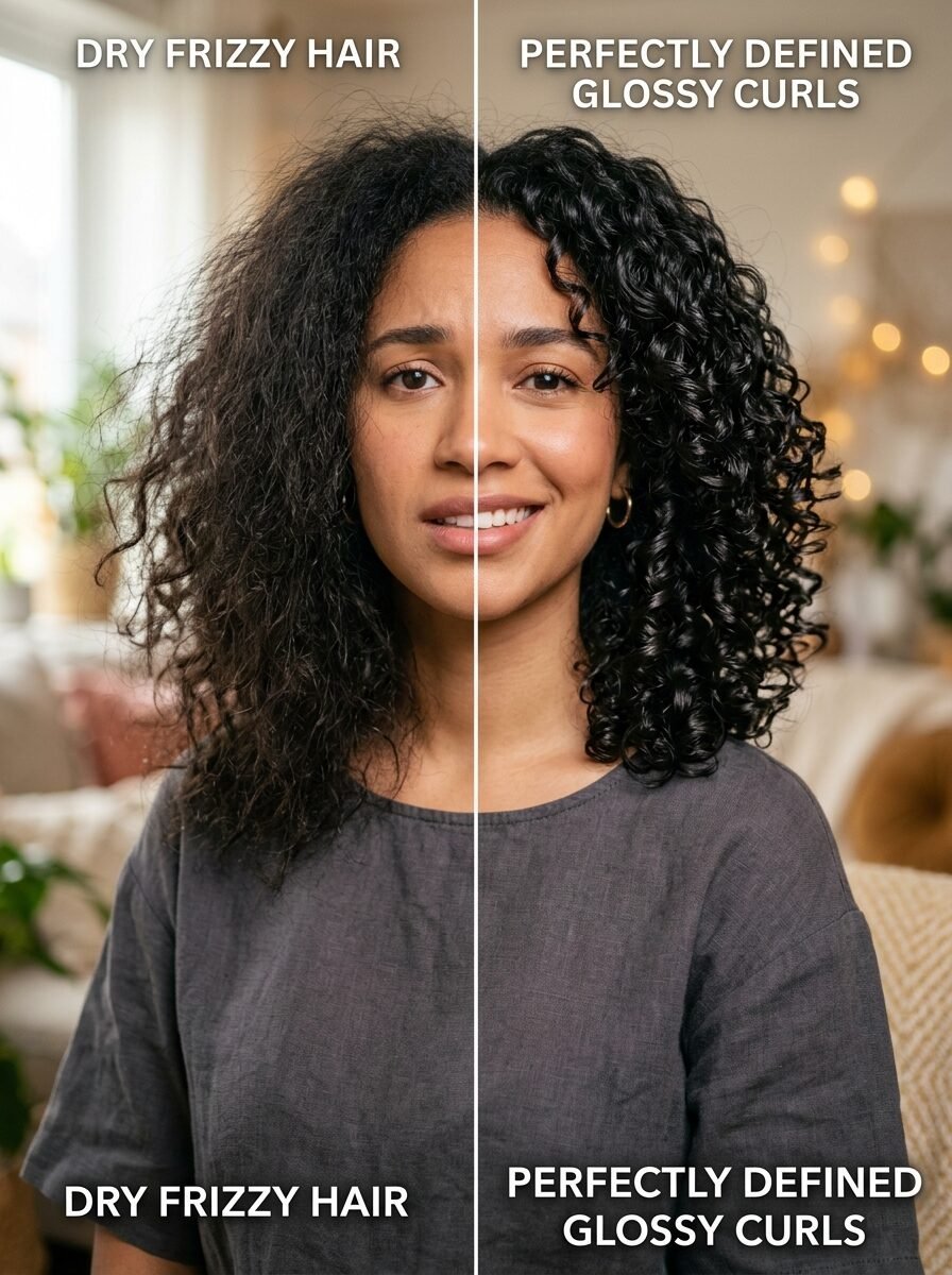 Split screen comparison of a woman's hair showing dry, frizzy texture versus hydrated, glossy defined curls.