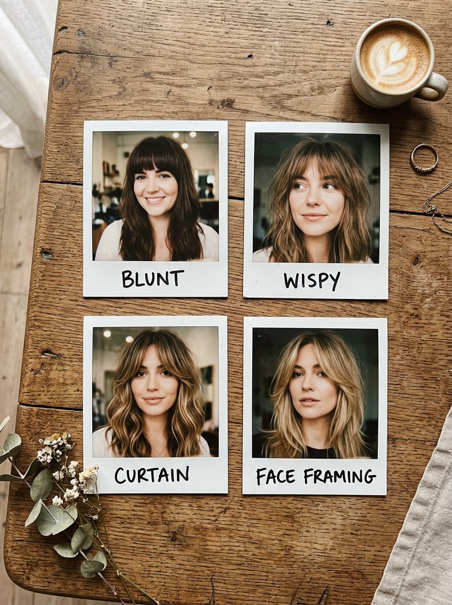 Four labeled polaroid prints on a wooden table showing blunt, wispy, curtain, and face framing bang styles.