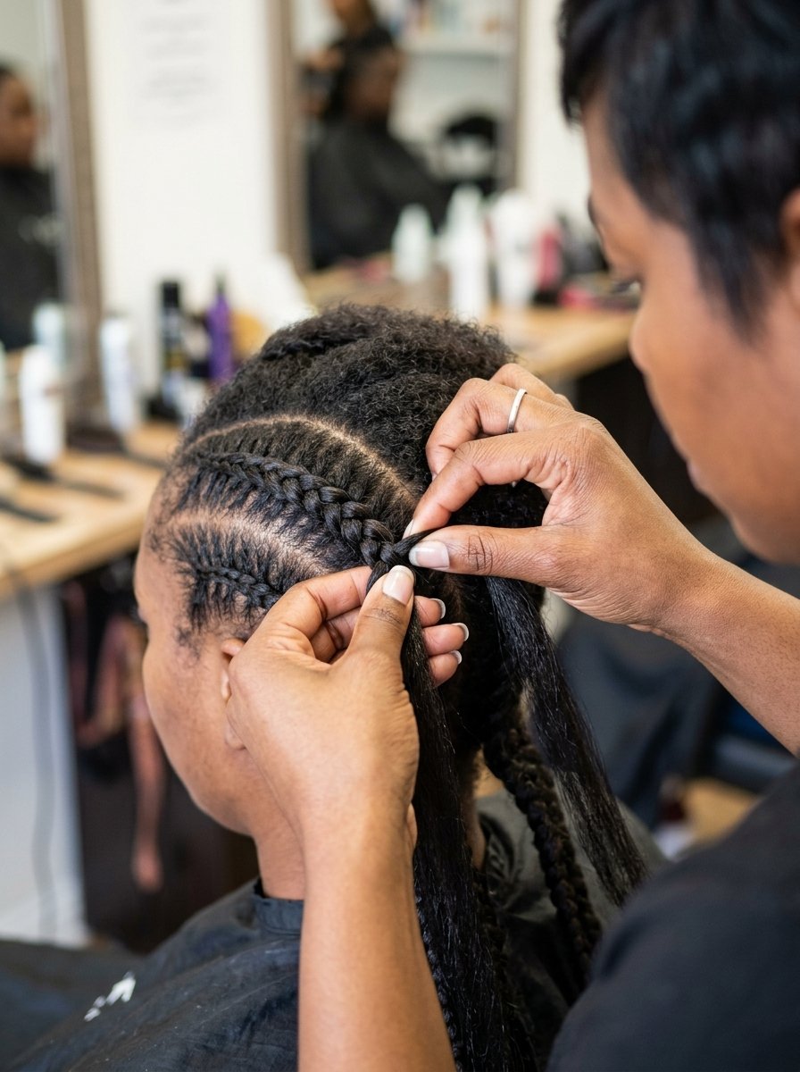 Close up of hands braiding natural black hair into neat cornrows in a salon.