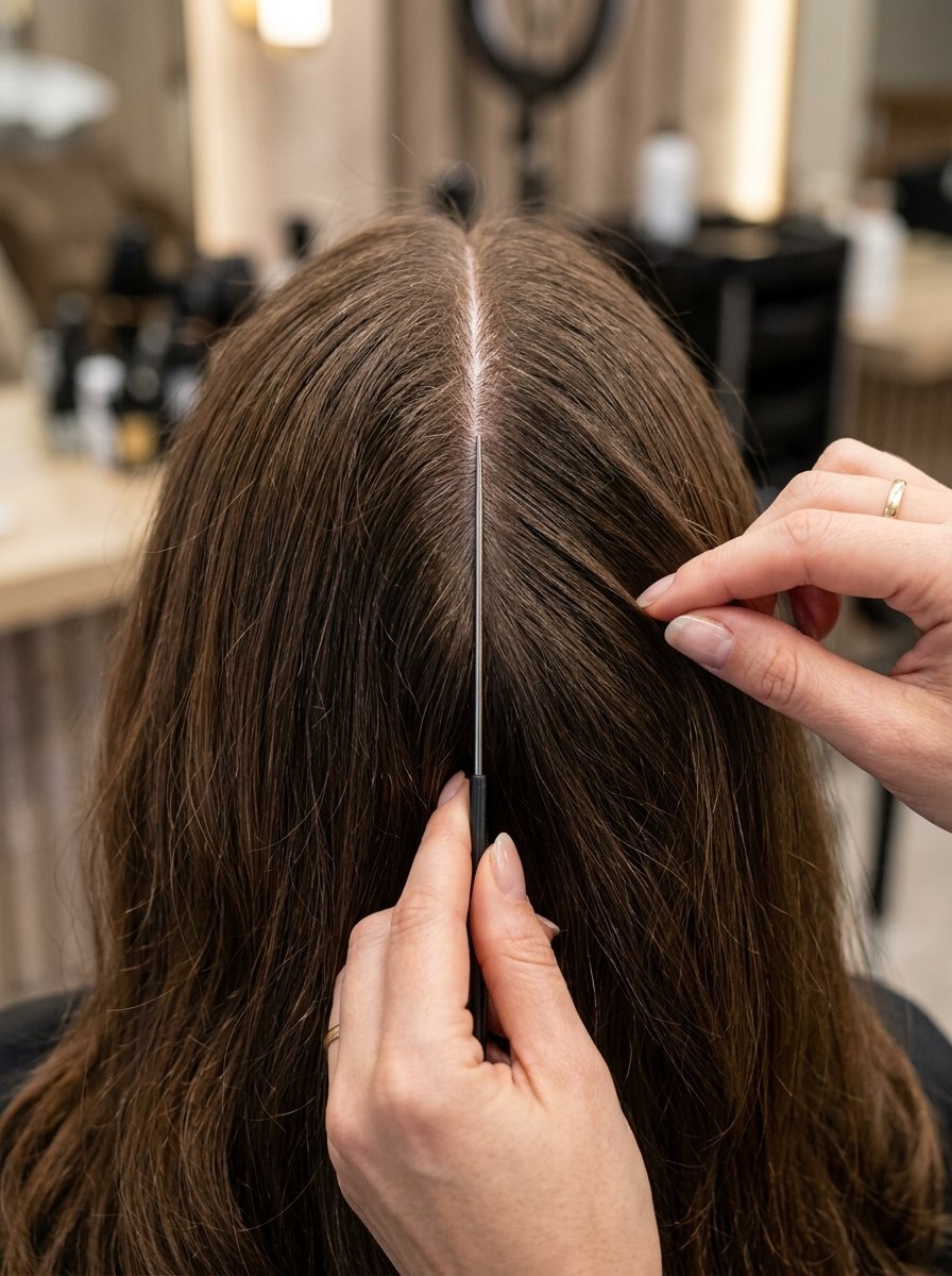 Close-up of a stylist using a rat-tail comb to section long brunette hair in a salon setting.