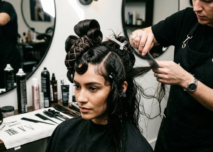 Hairdresser using a comb to style a woman's intricate, dark braided updo in a salon.