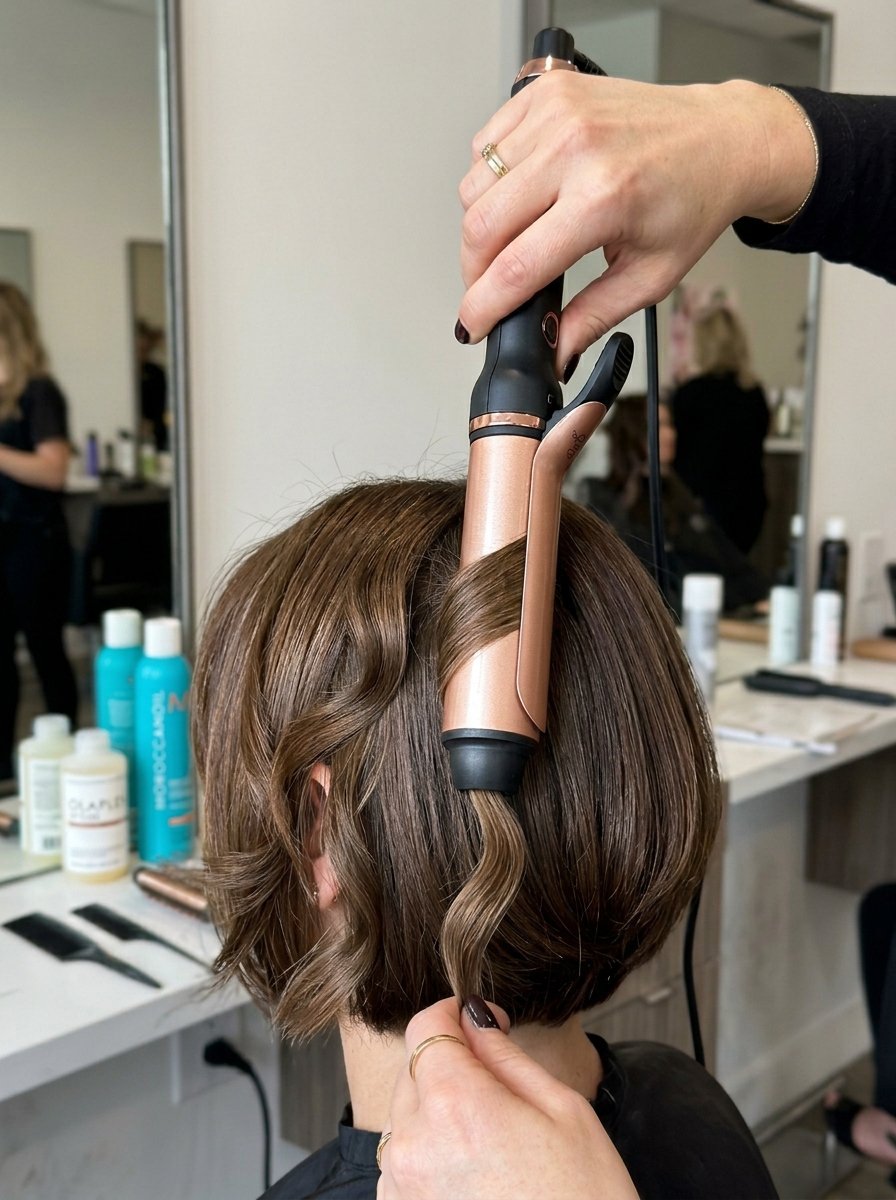 Close up of a professional stylist curling a client's shoulder-length brown hair in a salon.