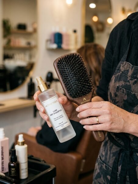 Close up of hands holding a spray bottle of dry shampoo and a wooden paddle brush in a hair salon.