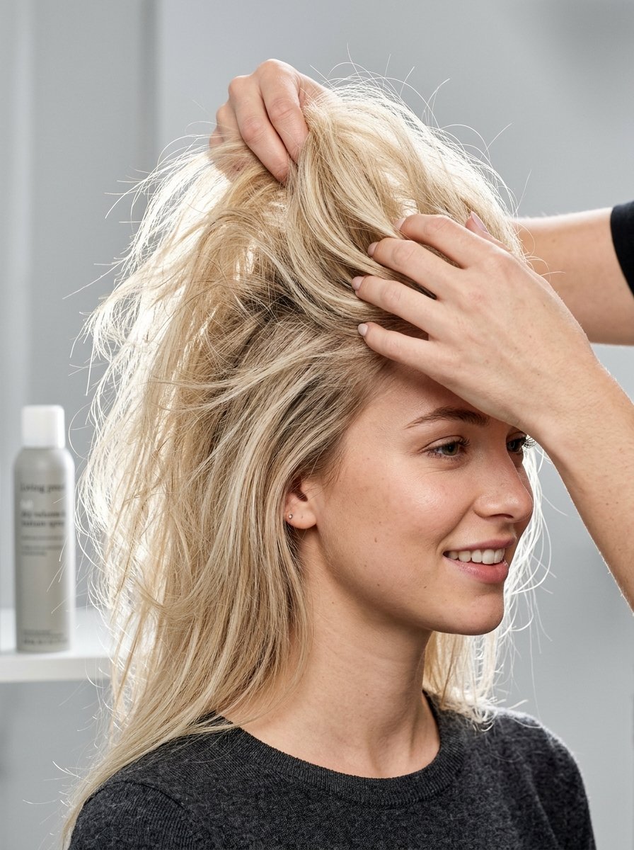 Close up of a hairdresser styling the messy blonde hair of a smiling woman.