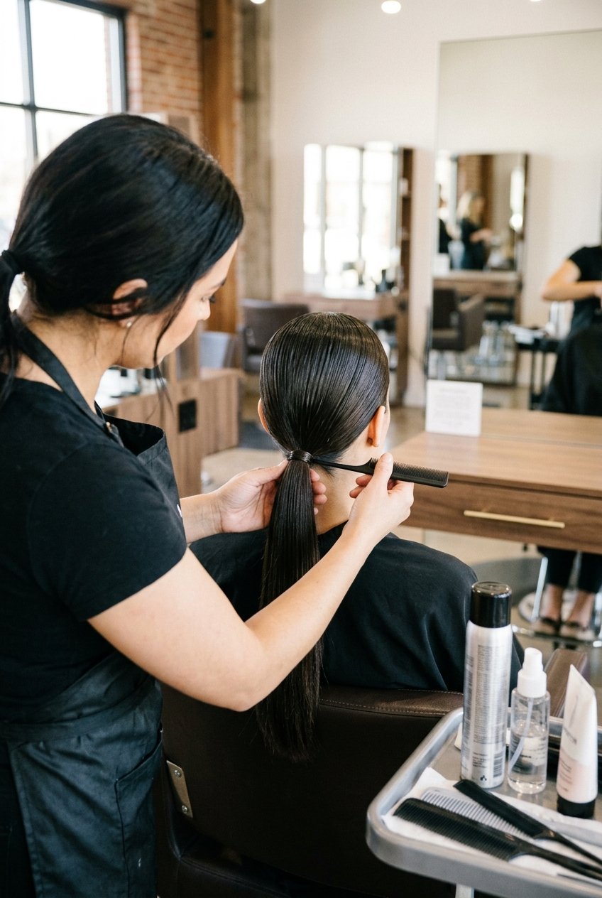 A hairdresser uses a fine tooth comb to perfect a client's dark, straight ponytail.