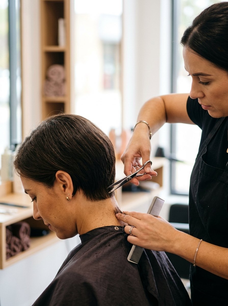 Close-up of a stylist using scissors and a comb to cut the nape of a woman's neck.