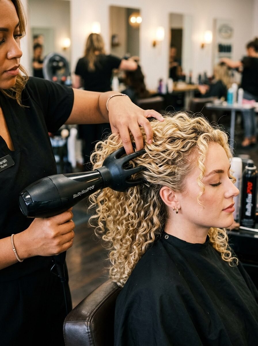 A stylist holds a hair dryer with a large diffuser attachment to style a woman's blonde curly hair in a salon.