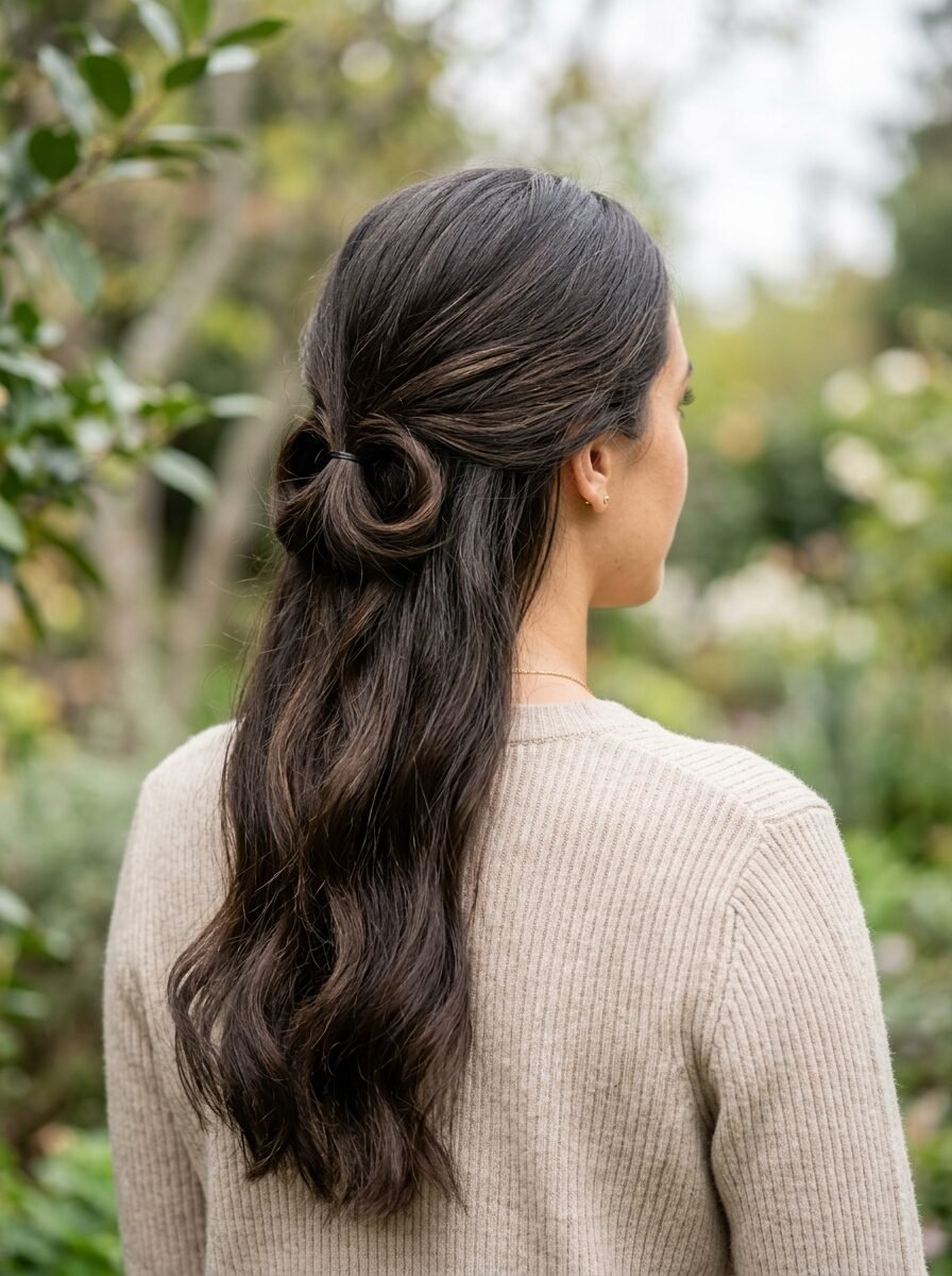 Rear view of a woman featuring a simple knotted half-up hairstyle with dark wavy hair.