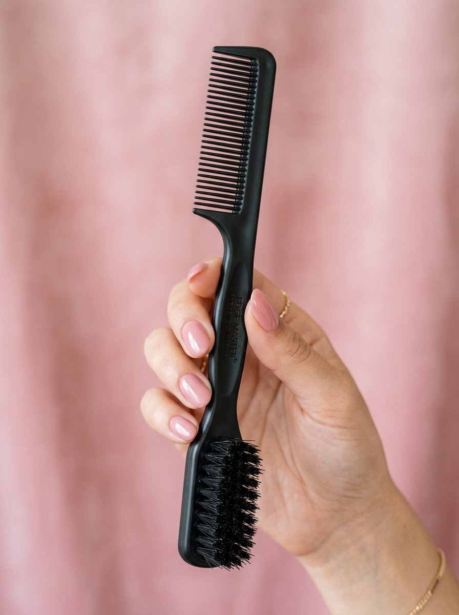 Close up of a hand with pink nails gripping a black edge master styling tool against a soft pink background.