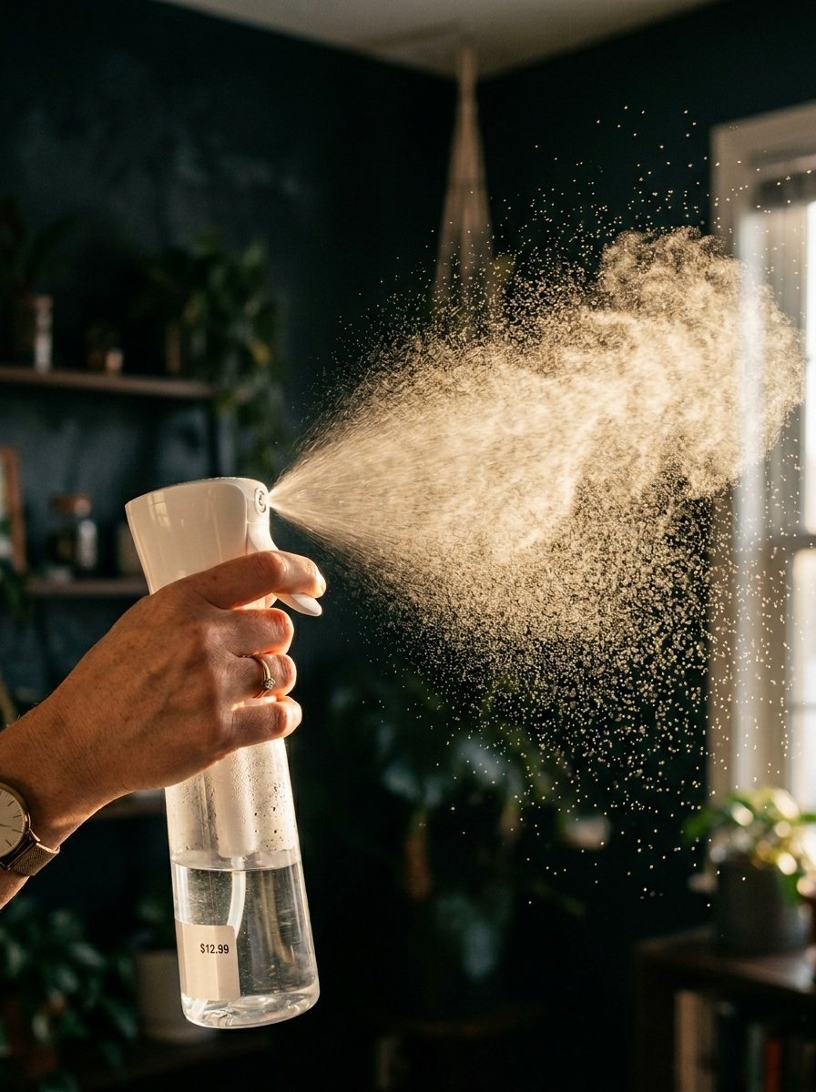 Close-up of a person's hand pressing a white spray bottle as it emits a fine, sunlit mist in a dark, indoor room.