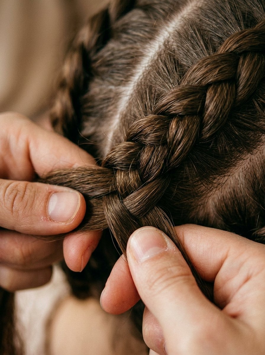 Close-up of hands weaving thick strands of dark hair into a tight French braid.