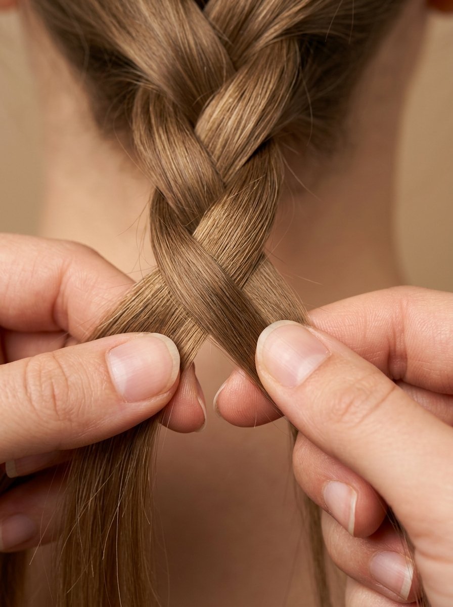 Close-up view of hands interlacing light brown hair into a traditional plait against a beige background.