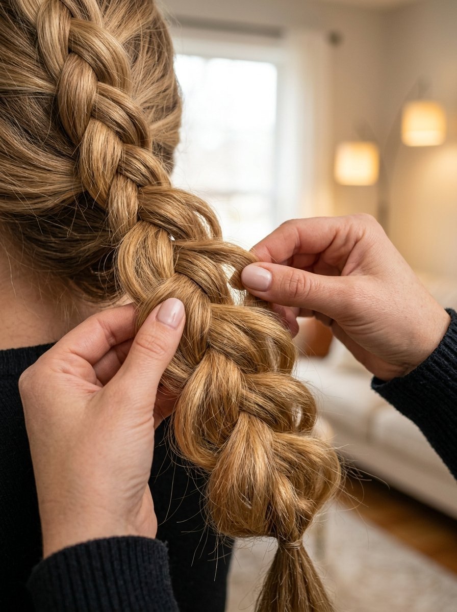 Close up of a person adjusting and loosening a thick blonde hair braid
