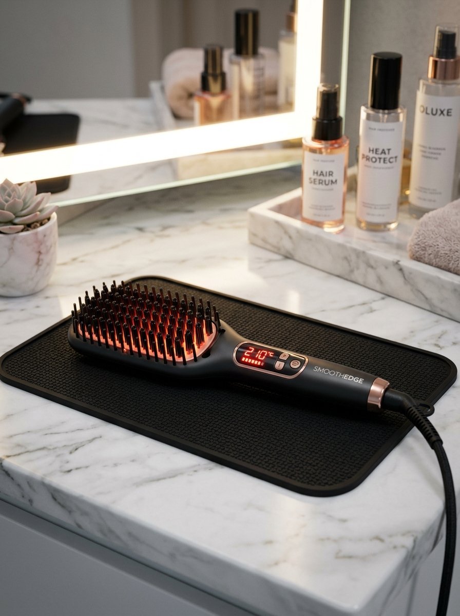 An electric hair styling brush with a digital temperature display set on a heat-resistant mat.