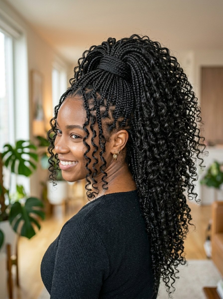 Side profile of a woman wearing a black high ponytail with thin box braids and long curly extensions.