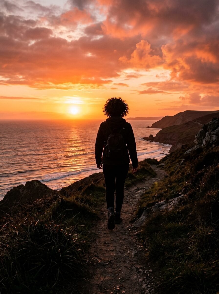 A silhouette of a person with curly hair hiking on a rugged clifftop trail overlooking the ocean at dusk.