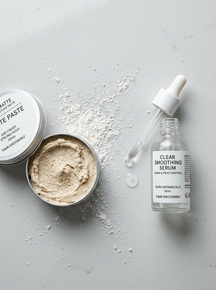 An open tin of matte hair paste and a glass dropper bottle of clear hair smoothing serum on a white surface.